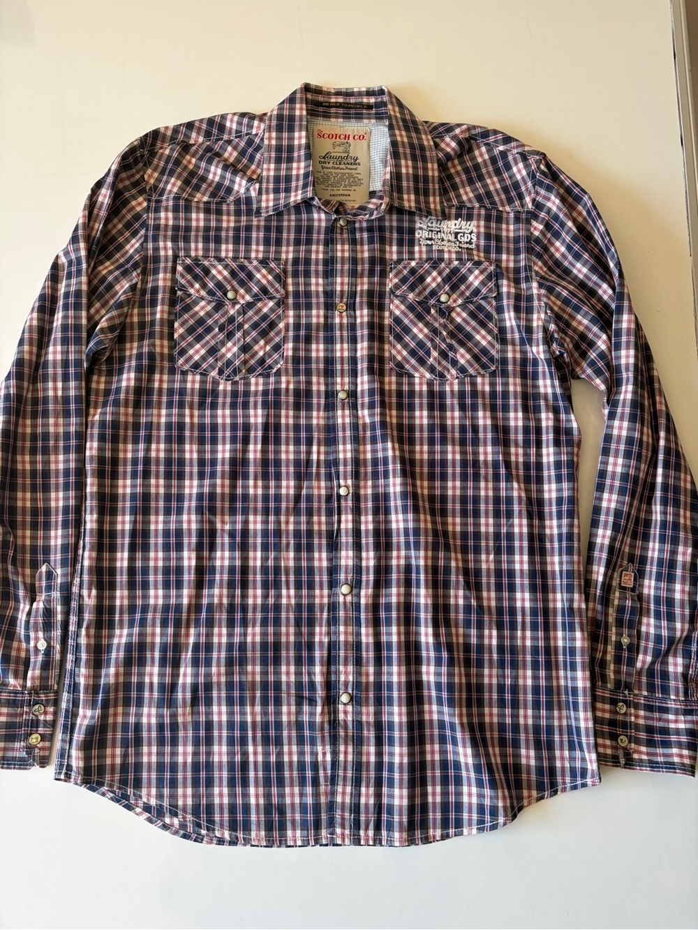 Scotch co red white blue plaid laundry dry cleaner men’s snap button up XL
